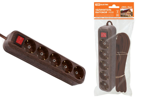 Удлинитель бытовой  У05В выключатель, 5 гнезд, 5метров,2П+3, ПВС 3х1мм2 "Эко" (бук) 16А/250В ТДМ                                        