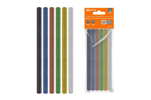 Клеевые стержни универсальные цветные с блестками, 7 мм x 100 мм, набор 6 шт, "Алмаз" TDM                                        