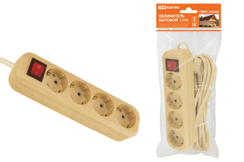 Удлинитель бытовой  У04В выключатель, 4 гнезда, 3метра,2П+3, ПВС 3х1мм2 "Эко" (сосна) 16А/250В ТДМ                                        