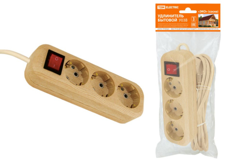 Удлинитель бытовой  У03В выключатель, 3 гнезда, 5метров,2П+3, ПВС 3х1мм2 "Эко" (сосна) 16А/250В ТДМ                                        