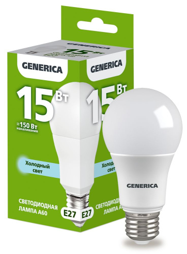 Лампа светодиодная  15Вт E27 A60 6500К (упак-100шт) GENERICA                                        