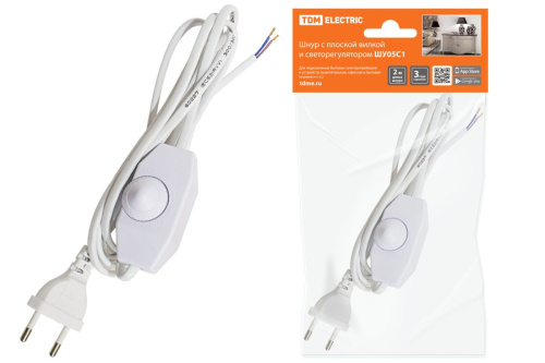 Шнур с плоской вилкой и светорегулятором ШУ05С1 (200Вт, RL) ШВВП 2х0,75мм2 2м. белый ТДМ                                        