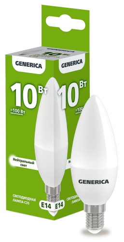 Лампа светодиодная  10Вт E14 C35 4000К свеча (упак-100шт) GENERICA                                        