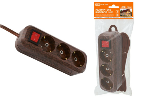 Удлинитель бытовой  У03В выключатель, 3 гнезда, 5метров,2П+3, ПВС 3х1мм2 "Эко" (бук) 16А/250В ТДМ                                        