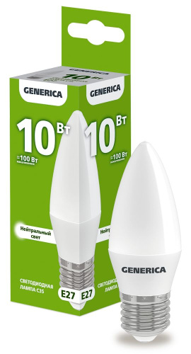 Лампа светодиодная  10Вт E27 C35 4000К свеча (упак-100шт) GENERICA                                        