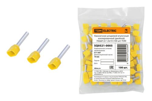 Наконечник штыревой втулочный изолированный (двойной) НШвИ (2) 1,0х10 жёлтый (100 шт) TDM                                        