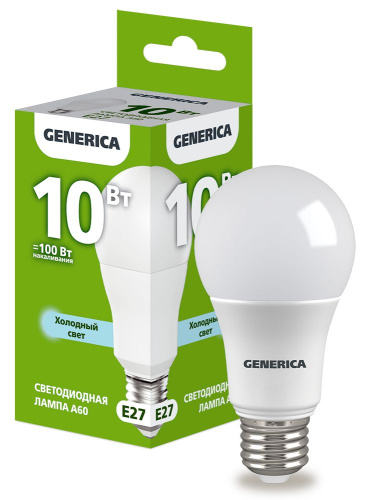 Лампа светодиодная  10Вт E27 A60 6500К (упак-100шт) GENERICA                                        