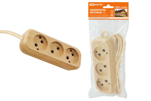 Удлинитель бытовой У3 3 гнезда, 3метра,2П б/з, ПВС 2х0,75мм2 "Эко" (сосна) 10А/250В ТДМ                                        
