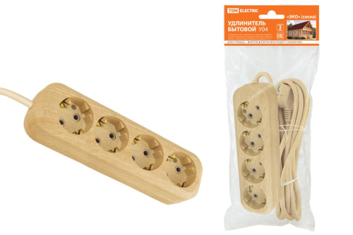 Удлинитель бытовой У04 4 гнезда, 5метров,2П+3, ПВС 3х1мм2 "Эко" (сосна) 16А/250В ТДМ                                        