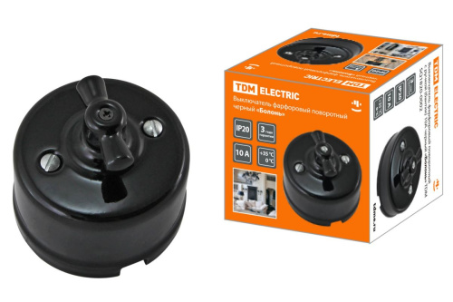 Выключатель фарфоровый поворотный с ручкой (бантик) 10А черный «Болонь» ТДМ                                        