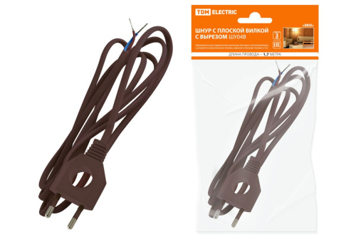 Шнур с плоской вилкой с вырезом ШУ04 ШВВП 2х0,75мм2 1,7 м. коричневый "ЭКО" ТДМ                                        