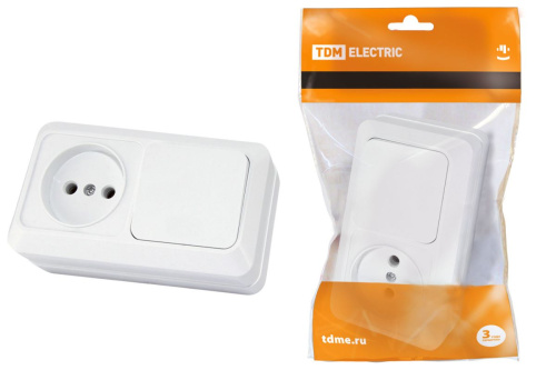 Блок комбинированный выкл. 1-кл. 10А + розетка 2П 10А 250В БКВР IP20 белый "Ладога" ТДМ                                        