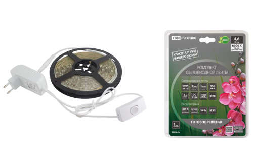 Комплект светодиодной ленты SMD2835-60 LED/м-12 В-4,8 Вт/м-IP20-6000 К (5 м), 24 Вт ТДМ                                        