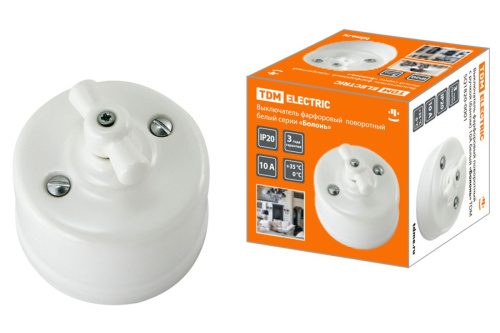 Выключатель фарфоровый поворотный с ручкой (бантик) 10А белый «Болонь» ТДМ                                        