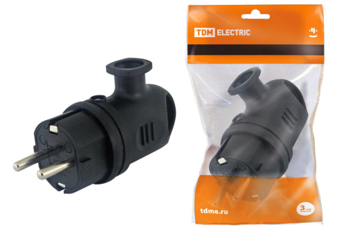 Вилка угловая с ушком каучук 2Р+РЕ 16А 250В IP44 ТДМ(24упак)                                        