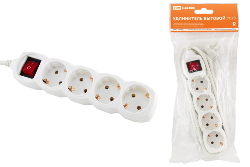 Удлинитель бытовой  У04В выключатель, 4 гнезда, 5м, с/з, ПВС 3х1мм2  16А/250В ТДМ заменаSQ1303-1427                                        