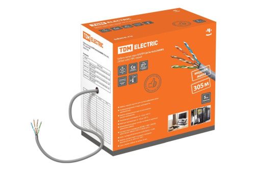 Витая пара U/UTP Cat 5e 4х2х24AWG (305м) solid,ПВХ, серый TDM                                        