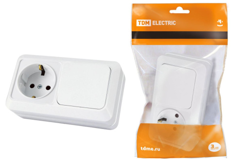 Блок комбинированный выкл. 1-кл. 10А + розетка 2П+З 16А 250В БКВР IP20 белый "Ладога" ТДМ                                        