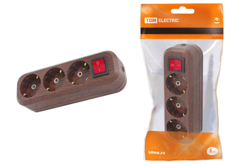 Колодка розеточная 3 гнезда 2П+3 с выключателем16А 250В "Эко" (бук) ТДМ                                        