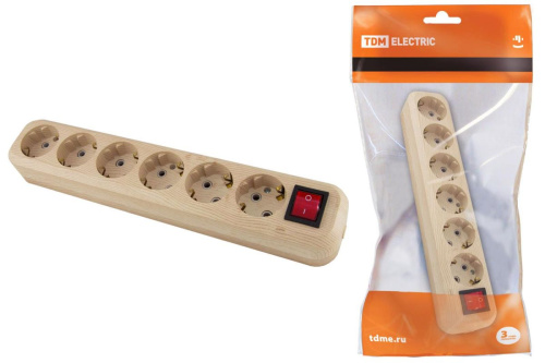 Колодка розеточная 6 гнезд 2П+3 с выключателем16А 250В "Эко" (сосна) ТДМ                                        
