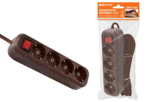Удлинитель бытовой  У04В выключатель, 4 гнезда, 5метров,2П+3, ПВС 3х1мм2 "Эко" (бук) 16А/250В ТДМ                                        