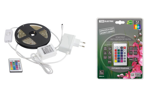 Комплект светодиодной ленты SMD5050-30 LED/м-12 В-7,2 Вт/м-IP20-RGB (3 м), 18 Вт, IR-контроллер ТДМ                                        